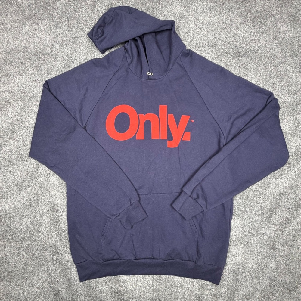 Only NY Logo Hoodie Mens Large Navy Blue Red Spellout Made in USA 100% Cotton